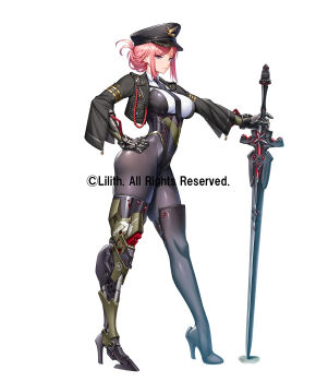 1girl black_leotard bodysuit bow braid breasts curvy cyborg cygnus_(taimanin_series) full_body hand_on_own_hip hat highres holding holding_sword holding_weapon impossible_clothes impossible_leotard large_breasts leotard lilith-soft long_hair looking_at_viewer mechanical_arms mechanical_legs military_hat military_uniform mole mole_under_eye official_art pink_hair purple_eyes shiny_skin standing sword taimanin_(series) taimanin_rpgx taimanun weapon white_background wide_hips