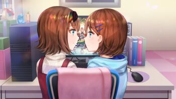 2girls blue_hoodie bob_cut book chair computer computer_tower dress eye_contact flipped_hair game_cg hair_ornament hairband hairclip hood hoodie incest indoors looking_at_another majo_(yumeutsutsu) monitor multicolored_hairband multiple_girls nie_(yumeutsutsu) non-web_source office official_art on_chair otori_ai pinafore_dress profile red_dress shared_chair short_hair siblings sisters sitting sleeveless sleeveless_dress smile spoilers sweater turtleneck turtleneck_sweater white_sweater yanagiya_kokoro yumeutsutsu_re:master yuri