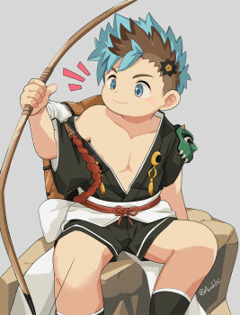1boy absurdres acnhiti artist_name black_kimono black_shirt black_socks blue_eyes blush bow_(weapon) closed_mouth colored_tips commentary_request highres holding holding_bow_(weapon) holding_weapon iki_(tamacolle) japanese_clothes kimono male_focus multicolored_hair notice_lines on_rock shirt sitting smile socks tamacolle weapon