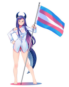 1girl bare_legs barefoot dragon_girl dragon_horns dragon_tail feet flag full_body highres holding holding_flag horns long_hair looking_at_viewer multicolored_hair nail_polish original panties purple_hair simple_background single_bare_shoulder smile solo standing tail toenail_polish toenails toes transgender_flag two-tone_hair underwear white_background yoruny