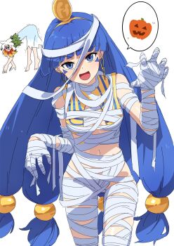 2girls :d absurdres bandages blue_eyes blue_hair blunt_bangs claw_pose commentary_request cowboy_shot earrings facial_mark gold_earrings gold_hairband hair_ornament hairband halloween_costume highres houjuu_chimi jewelry long_hair looking_at_viewer low-tied_long_hair michigami_nareko multiple_girls naked_bandage navel open_mouth pumpkin smile solo sphere_hair_ornament spoken_emoji touhou triangle triangle_facial_mark usekh_collar usuaji white_background