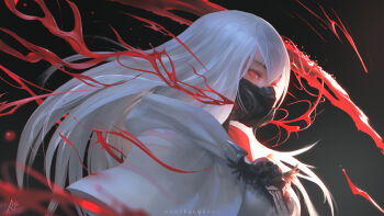 1girl absurdres artist_name black_background black_mask blood blurry blurry_foreground coat commentary commission english_commentary eyelashes from_side gradient_background hair_between_eyes highres hood hooded_coat long_hair looking_at_viewer mask mouth_mask original paul_nong red_eyes signature skull_ornament solo upper_body white_coat white_hair