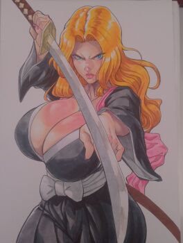 1girl black_kimono bleach breasts cleavage commentary cropped_legs english_commentary fighting_stance hair_intakes highres holding holding_sword holding_weapon huge_breasts japanese_clothes jewelry kimono lips matsumoto_rangiku necklace nero_undead nose orange_hair photo_(medium) pink_shawl serious shawl solo standing sword traditional_media weapon zanpakutou