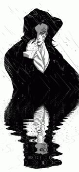 1boy animated animated_gif ascot beard closed_mouth commentary dumatree english_commentary facial_hair greyscale hood hooded_coat long_hair male_focus monkey_d._dragon monochrome one_eye_covered one_piece rain reflection solo watereffect.net