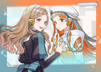 2girls :d black_dress blue_eyes blue_hair blue_nails braid brown_hair cevio cherico chis-a commentary commentary_request dress english_commentary fingernails green_eyes green_hair hair_ornament hat juliet_sleeves long_sleeves looking_at_viewer mixed-language_commentary multicolored_hair multiple_girls nail_polish official_art open_mouth orange_hair puffy_sleeves second-party_source smile streaked_hair tanaka_san teeth tongue triangle two-tone_hair upper_teeth_only voisona white_hat