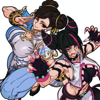 2girls black_hair blue_leggings bracelet breasts brown_eyes brown_hair capcom china_dress chinese_clothes choker chun-li diagonal_bangs double_bun dress earrings fingerless_gloves fingernails flats gloves hair_bun hair_horns han_juri highres jewelry large_breasts leggings licking_lips long_fingernails master_dcj multiple_girls nail_polish pelvic_curtain pink_nails purple_eyes sharp_fingernails short_hair smile spiked_choker spikes street_fighter street_fighter_6 thick_thighs thighs tongue tongue_out