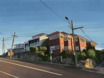 bai_huashu blue_sky building bush chinese_commentary clear_sky commentary_request evening highres house lamppost no_humans original outdoors power_lines road road_sign scenery sign sky street sunlight utility_pole