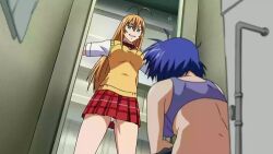 00s animated anime_screenshot audible_speech blue_hair breasts cleavage collarbone embarrassed eyepatch green_eyes highres ikkitousen ikkitousen_great_guardians indoors interior japanese_audio large_breasts long_hair mole mole_under_mouth orange_hair panties pantyshot punching ryomou_shimei sitting on_toilet sonken_chuubou sonsaku_hakufu sound tagme toilet underwear upskirt video