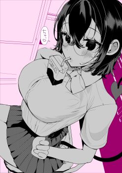 1girl absurdres bow bowtie breasts commentary_request crossed_bangs demon_tail drink_carton greyscale_with_colored_background highres large_breasts milk_carton original ouchi_kaeru pink_theme pleated_skirt shirt short_hair skirt solo speech_bubble tail translation_request