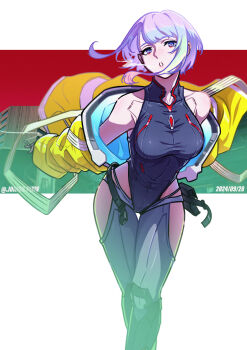 1girl :o absurdres artist_name bare_shoulders belt_pouch border borrowed_clothes breasts cigarette clothing_cutout commentary_request cyberpunk:_edgerunners cyberpunk_(series) cyborg dated eyeliner feet_out_of_frame floating_hair full_body heattech_leotard highleg highleg_leotard highres hip_vent holding holding_cigarette jacket jacket_partially_removed joihon leotard looking_at_viewer lucy_(cyberpunk) makeup medium_breasts multicolored_hair outside_border pantyhose pink_hair pouch purple_eyes red_eyeliner short_hair sidelocks skin_seams smoking solo turtleneck white_border yellow_jacket