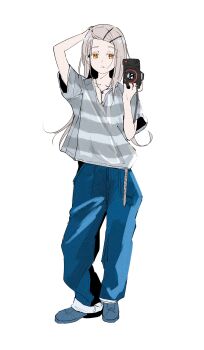 Rule 34 | 0507 tuyuri, 1girl, absurdres, arm behind head, arm up, baggy pants, belt, blue pants, blue shoes, camera, collarbone, colored eyelashes, commentary, full body, gakuen idolmaster, grey hair, grey shirt, hair ornament, hairclip, hand up, highres, holding, holding camera, idolmaster, jewelry, long hair, looking at viewer, necklace, orange eyes, pants, parallel hairclips, parted bangs, shinosawa hiro, shirt, shoes, short sleeves, simple background, solo, standing, striped clothes, striped shirt, symbol-only commentary, white background