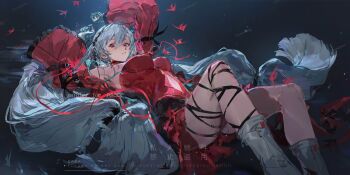 1girl absurdres aqua_gloves arknights armpits arms_up bare_legs bare_shoulders black_ribbon black_sash boots breasts chinese_commentary clothing_cutout commentary_request commissioner_name dress feet_out_of_frame fish frilled_sleeves frills gloves grey_hair hair_between_eyes hat highres large_breasts leg_ribbon legs long_hair long_sleeves looking_at_viewer navel_cutout official_alternate_costume parted_lips qingfeng_canying red_dress red_eyes ribbon sash skadi_(arknights) skadi_the_corrupting_heart_(arknights) solo submerged thighs very_long_hair white_boots wide_sleeves