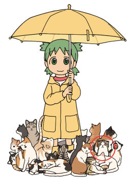 Rule 34 | 1girl, animal, annotated, azuma kiyohiko, black cat, boots, calico (pattern), cat, circle, circled, closed mouth, commentary, cover, cover page, full body, green eyes, green hair, holding, holding umbrella, koiwai yotsuba, looking at viewer, official art, orange cat, promotional art, quad tails, raincoat, raised eyebrows, red shirt, rubber boots, scottish fold, scratching, shirt, short hair, simple background, sitting, slit pupils, smile, solo, standing, straight-on, t-shirt, tabby cat, textless version, too many, too many cats, two-handed, two-tone shirt, umbrella, white background, white cat, white shirt, yawning, yellow boots, yellow raincoat, yellow umbrella, yotsubato!