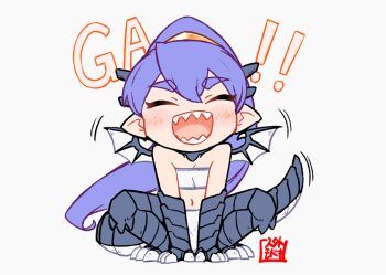 1girl :d bandeau bare_shoulders black_scales blush claws closed_eyes commentary dragon_girl dragon_horns dragon_tail dragon_wings facing_viewer full_body hair_between_eyes horns jingai_modoki long_hair mon-musu_quest! monster_girl motion_lines navel open_mouth papi_(mon-musu_quest!) pointy_ears ponytail purple_hair roaring scales seal_impression sharp_teeth simple_background smile solo squatting tail teeth thick_eyebrows white_background white_bandeau white_loincloth wings