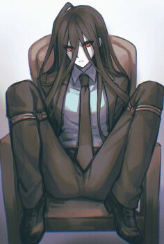 &gt;:( 1boy black_hair black_jacket black_necktie black_pants black_shoes chair chinese_commentary chromatic_aberration collared_shirt commentary_request cyacyacyacyaki danganronpa_(series) danganronpa_2:_goodbye_despair eyes_visible_through_hair film_grain formal_clothes frown full_body hair_between_eyes highres jacket kamukura_izuru lapels loafers long_bangs long_hair long_sleeves looking_at_viewer m_legs male_focus necktie notched_lapels on_chair open_clothes open_jacket pale_skin pants rope shibari shirt shoes solo spread_legs suit tsurime v-shaped_eyebrows very_long_hair white_background white_shirt