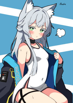 1girl absurdres animal_ear_fluff animal_ears arknights artist_name bare_shoulders black_jacket blue_background blush breasts cat_ears cat_girl closed_mouth commentary_request covered_navel dress green_eyes grey_hair hendra highres infection_monitor_(arknights) jacket long_hair looking_at_viewer off_shoulder puff_of_air rosmontis_(arknights) simple_background sitting small_breasts solo white_dress