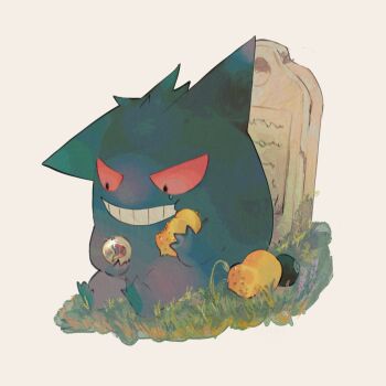 berry_(pokemon) black_eyes colored_sclera eating full_body gen_1_pokemon gengar glint grass grin highres jari_(jje11y12) looking_down mega_stone nintendo no_humans on_ground oran_berry poke_ball_symbol pokemon pokemon_(creature) red_sclera sad sitrus_berry sitting smile solo tears teeth tombstone