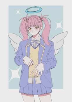 Rule 34 | 1girl, angel, angel wings, blazer, blue background, blue bow, blue bowtie, blue jacket, blue skirt, blush, border, bow, bowtie, closed mouth, collared shirt, cowboy shot, hair ornament, halo, heart, heart hair ornament, highres, jacket, li tianxi, long hair, long sleeves, looking to the side, open clothes, open jacket, orange eyes, pink hair, pleated skirt, school uniform, shiguang dailiren, shirt, skirt, solo, sparkle, sweater vest, twintails, vest, white border, white shirt, wings, yellow eyes, yellow vest, yier192