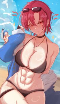0nineo9 1boy 1girl abs absurdres bazett_fraga_mcremitz beach bikini black_bikini black_gloves breasts cleavage cu_chulainn_(fate) earrings fate/grand_order fate_(series) fingerless_gloves gloves highres jewelry large_breasts looking_at_viewer mole mole_under_eye navel parted_bangs red_eyes red_hair short_hair solo_focus swimsuit thigh_strap thighs toned toned_female