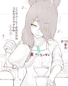 Rule 34 | animal ears, apron, braid, braided ponytail, coffee filter, coffee grinder, coffee pot, collarbone, commentary request, cup, ear tag, eyes visible through hair, hair over one eye, hair over shoulder, holding, holding coffee pot, horse ears, horse girl, jewelry, long hair, long sleeves, manhattan cafe (umamusume), multicolored hair, musical note, necklace, parted lips, pouring, shien (kirirennko), sleeves rolled up, smile, steam, translation request, umamusume, yellow eyes