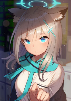 Rule 34 | 1girl, animal ear fluff, animal ears, blue archive, blue eyes, blue halo, blue scarf, blurry, blurry background, blush, bright pupils, colored eyelashes, commentary request, cross hair ornament, earrings, extra ears, eyes visible through hair, fingernails, fringe trim, grey hair, hair between eyes, hair ornament, halo, hamachikichiki, hand up, highres, indoors, jewelry, looking at viewer, medium hair, mismatched pupils, parted lips, partial commentary, reaching, scarf, school uniform, shiroko (blue archive), shirt, solo, straight hair, stud earrings, white pupils, white shirt, wolf ears, wolf girl
