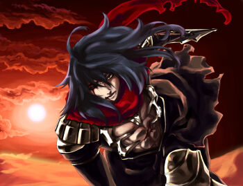 1boy abs armor armored_boots assassin_cross_(ragnarok_online) black_pants black_shirt blood bloody_tears blue_hair boots cloud commentary_request dagger eremes_guile feet_out_of_frame holding holding_dagger holding_knife holding_weapon jamadhar knife leaning_forward long_hair looking_at_viewer male_focus one_eye_closed pants pauldrons ragnarok_online red_eyes red_scarf red_sky scarf shirt shoulder_armor sky solo sun toriria weapon