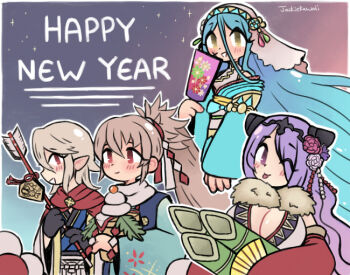 arrow_(projectile) azura_(celebratory_spirit)_(fire_emblem) azura_(fire_emblem) bad_tag blue_hair breasts camilla_(fire_emblem) camilla_(holiday_traveler)_(fire_emblem) cleavage dragon_boy fire_emblem fire_emblem_fates fire_emblem_heroes flower food fruit fur_trim grey_hair hair_flower hair_ornament hair_over_one_eye headband jackie-kawaii japanese_clothes kimono large_breasts looking_at_viewer male_corrin_(fire_emblem) male_corrin_(new_year)_(fire_emblem) nintendo official_alternate_costume one_eye_closed one_eye_covered orange_(fruit) orange_eyes pointy_ears purple_eyes purple_hair red_eyes takumi_(fire_emblem) takumi_(prince_of_soup)_(fire_emblem) tiara tongue tongue_out white_hair wink yellow_eyes yukata