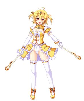 Rule 34 | 1girl, ahoge, amagi nao, aoi masami, arty flare, blonde hair, blush, breasts, chest jewel, cleavage, dress, dual wielding, elbow gloves, frills, full body, game cg, genderswap, genderswap (mtf), gloves, hair ornament, highres, holding, jewelry, large breasts, large variant set, leotard, looking at viewer, magical girl, non-web source, official art, open mouth, puffy short sleeves, puffy sleeves, red eyes, short hair, short sleeves, showgirl skirt, smile, solo, standing, thighhighs, tiara, transparent background, ts magical girl nao, two side up, variant set, white gloves, white thighhighs