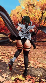 1girl 3d apron ass black_hair black_leotard breasts butt_crack curvy forest full_body highleg highleg_leotard highres huge_ass iroha_(samurai_spirits) large_breasts leotard lips maid maid_headdress nature ryona samurai_spirits screencap shiny_skin short_hair sideboob skindentation solo thighhighs third-party_edit thong_leotard white_apron wide_hips