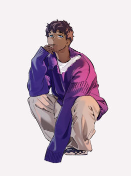 1boy black_shoes blue_eyes brown_hair closed_mouth daki_daily dark-skinned_male dark_skin dungeon_meshi full_body grey_pants hand_to_own_mouth highres kabru male_focus pants purple_sweater shirt shirt_under_sweater shoes short_hair sleeves_past_wrists solo squatting sweater torn_clothes torn_sweater white_background white_shirt