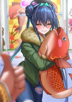 1girl absurdres aqua_hair arcade arcade_stick black_hair casual colored_inner_hair commentary_request contemporary controller crane_game da_kuronikorasu denim folded_hair game_controller goddess_of_victory:_nikke hair_intakes highres holding holding_stuffed_toy hood jeans joystick little_mermaid_(nikke) long_hair long_sleeves looking_at_viewer multicolored_hair pants smile solo solo_focus stuffed_animal stuffed_toy thumbs_up torn_clothes torn_jeans torn_pants twintails very_long_hair yellow_eyes