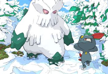 :3 abomasnow animal_nose aomon_(yuuji7604) arms_behind_head black_fur colored_sclera eyelashes facing_another feathers fluffy forehead_jewel gen_2_pokemon gen_4_pokemon highres nintendo no_humans pink_eyes pink_sclera pokemon pokemon_(creature) red_eyes red_feathers sneasel snow snow_on_tree walking white_fur winter