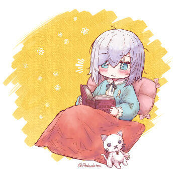 Rule 34 | 1girl, ars almal, blanket, blue eyes, blue pajamas, blush, book, closed mouth, holding, holding book, long sleeves, lying, neck ribbon, nijisanji, open book, pajamas, pillow, reading, reclining, ribbon, short hair, simple background, sleepwear, solo, stuffed animal, stuffed cat, stuffed toy, tatami kami, virtual youtuber, white hair