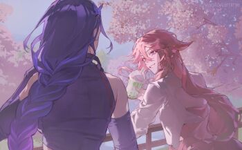 2girls alternate_costume animal_ears blue_sky blurry braid cherry_blossoms commentary couple cup depth_of_field disposable_cup drinking elbow_gloves fox_ears fox_girl genshin_impact gloves gradient_hair hair_ornament highres long_hair long_sleeves looking_to_the_side multicolored_hair multiple_girls outdoors pink_hair purple_eyes purple_hair raiden_shogun single_braid sky sleeveless standing streaked_hair untranslatable_commentary upper_body vanillylamine water yae_miko yuri