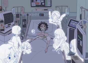 6+girls alien_stage angel_wings bed black_hair blanket blood blood_on_clothes coldmeow dark detached_sleeves dress hairband half-closed_eyes highres hospital hospital_bed indoors looking_at_another multiple_girls multiple_persona on_bed oxygen_mask pillow puffy_short_sleeves puffy_sleeves purple_eyes short_hair short_sleeves sua_(alien_stage) white_dress white_hairband wings
