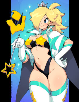 1girl 1other breasts cosplay crown earrings gloves hair_over_one_eye holding holding_wand jewelry large_breasts luma_(mario) mario_(series) mini_crown nintendo ponytail qewie revealing_clothes rosalina smile star_(symbol) star_earrings star_wand sunglasses super_mario_galaxy tengen_toppa_gurren_lagann thighhighs wand white_gloves yoko_littner yoko_littner_(cosplay)