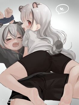 &gt;_&lt; 1boy 1girl absurdres animal_ears ass assertive_female barefoot bdsm black_shorts bondage bound bound_wrists chinese_commentary closed_eyes commentary english_commentary extra_ears fangs fat_mons feet femdom from_behind girl_on_top grey_shirt hetero highres huge_filesize kemonomimi_mode kodomo_doushi loli lolidom long_hair looking_back mao_(roza4957) mimi_(roza4957) mixed-language_commentary omurice_(roza4957) open_mouth original outstretched_arms red_eyes shirt short_hair shorts shota smile soles tail