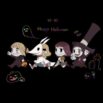 3girls chibi donutshole13 formal_clothes genderswap halloween highres holding jack_skellington jacket long_hair long_sleeves looking_at_viewer multiple_girls open_mouth patchwork_clothes pinstripe_pattern sally_(nbc) short_hair smile stitches striped_clothes suit the_nightmare_before_christmas white_hair zero_(nbc)
