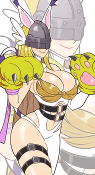 Rule 34 | 1girl, absurdres, angewomon, animal ears, animal hands, armor, bare shoulders, blonde hair, bodysuit, breastplate, breasts, cat ears, cat tail, cleavage, clothing cutout, cosplay, cowboy shot, digimon, digimon (creature), digimon adventure, gloves, helmet, highres, hip vent, jeff miga, large breasts, long hair, paw gloves, skindentation, solo focus, stomach cutout, tail, tailmon, tailmon (cosplay), thigh strap, white bodysuit, winged helmet, zoom layer