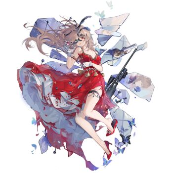 1girl black_mask blue_butterfly blue_flower blue_rose breasts broken broken_mirror broken_weapon brown_hair bug butterfly butterfly_request candle candlestand cleavage different_reflection domino_mask dress drill_hair eye_mask feathers flower frilled_thigh_strap full_body gem girls&#039;_frontline gloves green_eyes heel_pop heterochromia high_heels highres holding holding_gem insect layered_dress looking_at_viewer lying mask medium_breasts miebao mirror official_alternate_costume official_art on_back parted_lips phantom_thief pin red_dress red_eyes red_gemstone red_shoes reflection rose scope shards shoes sig_ssg3000 simple_background solo sparkle ssg3000_(girls&#039;_frontline) ssg3000_(holy_maiden&#039;s_prayer)_(girls&#039;_frontline) thigh_strap third-party_source torn_clothes torn_dress torn_mask transparent_background twin_drills two_side_up weapon white_dress white_gloves