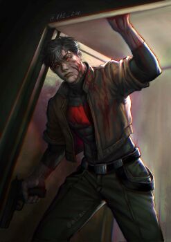 1boy bat_signal batman_(series) batman_symbol black_bodysuit black_hair blood blood_on_clothes blood_on_face bodysuit brown_jacket dc_comics grey_bodysuit highres jacket jason_todd male_focus multicolored_bodysuit multicolored_hair muscular muscular_male open_clothes red_eyes red_hood_(dc) red_hood_and_the_outlaws shirt short_hair superhero_costume two-tone_bodysuit two-tone_hair vh1_zan western_comics_(style) white_hair