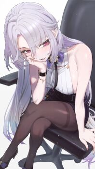 1girl bare_shoulders black_pantyhose black_skirt breasts brown_pantyhose chair chorogon commission crossed_legs grey_hair hair_between_eyes high_heels highres long_hair looking_at_viewer medium_breasts multicolored_hair original pantyhose parted_lips pencil_skirt pink_eyes purple_hair ribbed_shirt shirt simple_background sitting skeb_commission skirt sleeveless sleeveless_shirt solo thighband_pantyhose very_long_hair white_background white_shirt
