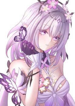 1girl absurdres bandages bare_shoulders black_tiara bug butterfly butterfly_on_hand castorice_(honkai:_star_rail) chest_sarashi commentary flower frills gloves hair_intakes hanabi_(hanabi_0333) highres honkai:_star_rail honkai_(series) insect long_hair looking_at_viewer parted_lips pink_flower purple_eyes purple_flower purple_gloves sarashi simple_background solo tiara upper_body very_long_hair white_background wrist_cuffs