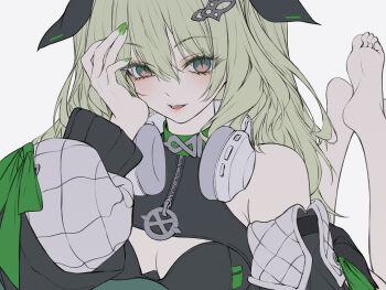 Rule 34 | 1girl, :d, bare shoulders, black jacket, breasts, cleavage, cleavage cutout, clothing cutout, green eyes, green hair, green nails, grey background, hand on own cheek, hand on own face, headphones, headphones around neck, highres, honkai (series), honkai impact 3rd, jacket, long sleeves, looking at viewer, lying, medium breasts, mobius (honkai impact), mobius (razer) (honkai impact), nail polish, neon (pixiv 31150749), on stomach, open mouth, puffy long sleeves, puffy sleeves, simple background, smile, soles, solo, the pose, unfinished, wavy hair