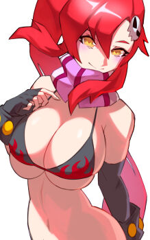 1girl absurdres bikini black_bikini breasts cleavage closed_mouth elbow_gloves fingerless_gloves flame_print gloves hair_ornament highres large_breasts long_hair looking_at_viewer navel pink_scarf red_hair scarf simple_background skull_hair_ornament smile solo stomach striped_clothes striped_scarf swimsuit tengen_toppa_gurren_lagann upper_body ura_dora very_long_hair white_background yellow_eyes yoko_littner