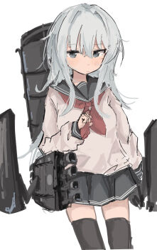 1girl absurdres anchor_symbol black_sailor_collar blue_hair closed_mouth commentary_request grey_eyes hair_between_eyes hat hibiki_(kancolle) highres ichiha_(ichi_u2) kantai_collection long_hair long_sleeves neckerchief no_headwear pleated_skirt red_neckerchief rigging sailor_collar school_uniform serafuku simple_background skirt solo thighhighs white_background