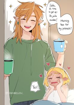 1boy 1girl bare_shoulders blonde_hair blush breasts closed_mouth commentary_request cup earrings full-face_blush green_shirt hanaberin hand_on_own_face heart highres holding holding_cup jewelry link medium_breasts nintendo pillow pointy_ears princess_zelda shirt sidelocks smile speech_bubble spoken_blush tea teacup the_legend_of_zelda the_legend_of_zelda:_breath_of_the_wild the_legend_of_zelda:_tears_of_the_kingdom twitter_username