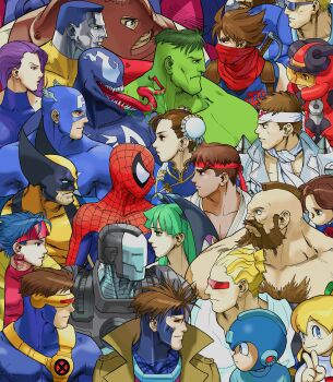 1998 6+boys 6+girls absurdres anita_(darkstalkers) armor beard bengus blonde_hair blue_eyes blue_hair bodysuit brown_hair bun_cover capcom captain_america captain_commando captain_commando_(character) chest_hair chun-li colored_skin colossus_(x-men) cyberbots cyclops_(x-men) darkstalkers double_bun earrings facial_hair gambit game_cg green_eyes green_hair green_skin grin hair_bun head-mounted_display head_wings headband helmet high_collar highres hulk jewelry jubilee juggernaut_(x-men) long_tongue looking_at_another looking_at_viewer marvel marvel_vs._capcom marvel_vs._capcom_1 mega_man_(character) mega_man_(classic) mega_man_(series) mohawk morrigan_aensland multiple_boys multiple_girls mustache non-web_source official_art omokane_saki open_mouth opposing_sides power_armor psylocke purple_hair red_headband roll_(mega_man) ryu_(street_fighter) saotome_jin scarf sharp_teeth shoulder_spikes smile spider-man spider-man_(series) spikes street_fighter strider_(video_game) strider_hiryuu stubble superhero_costume symbiote teeth tongue tongue_out v venom_(marvel) war_machine wings wolverine_(x-men) x-men zangief zentai