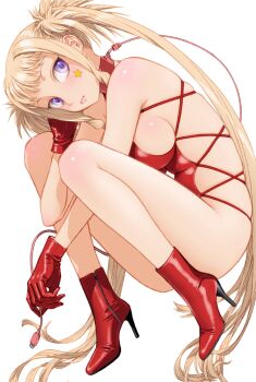 1girl blonde_hair boots breasts convenient_leg from_side full_body gloves high_heels highres long_hair looking_at_viewer one-piece_swimsuit original purple_eyes red_boots red_gloves red_one-piece_swimsuit solo star_on_cheek swimsuit twintails usb_cable very_long_hair yui_toshiki