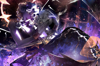 1girl bare_shoulders birdcage black_dress black_leotard black_nails black_pearl_cookie black_pearl_cookie_(sovereign_of_the_abyss) black_tail bone bracelet breasts cage center_opening cleavage colored_skin commentary cookie_run cookie_run:_kingdom dress english_commentary evil_smile feet_out_of_frame fingernails fins fire fish_tail forehead_jewel gem gold_bracelet grey_skin halo halo_behind_head head_tilt highres holding holding_skull humanization jewelry large_breasts leotard light_particles lipstick makeup mermaid monster_girl official_alternate_costume open_mouth pcacao purple_background purple_fire sharp_fingernails sitting skull smile solo spiked_halo tail teeth upper_teeth_only yellow_gemstone yellow_halo